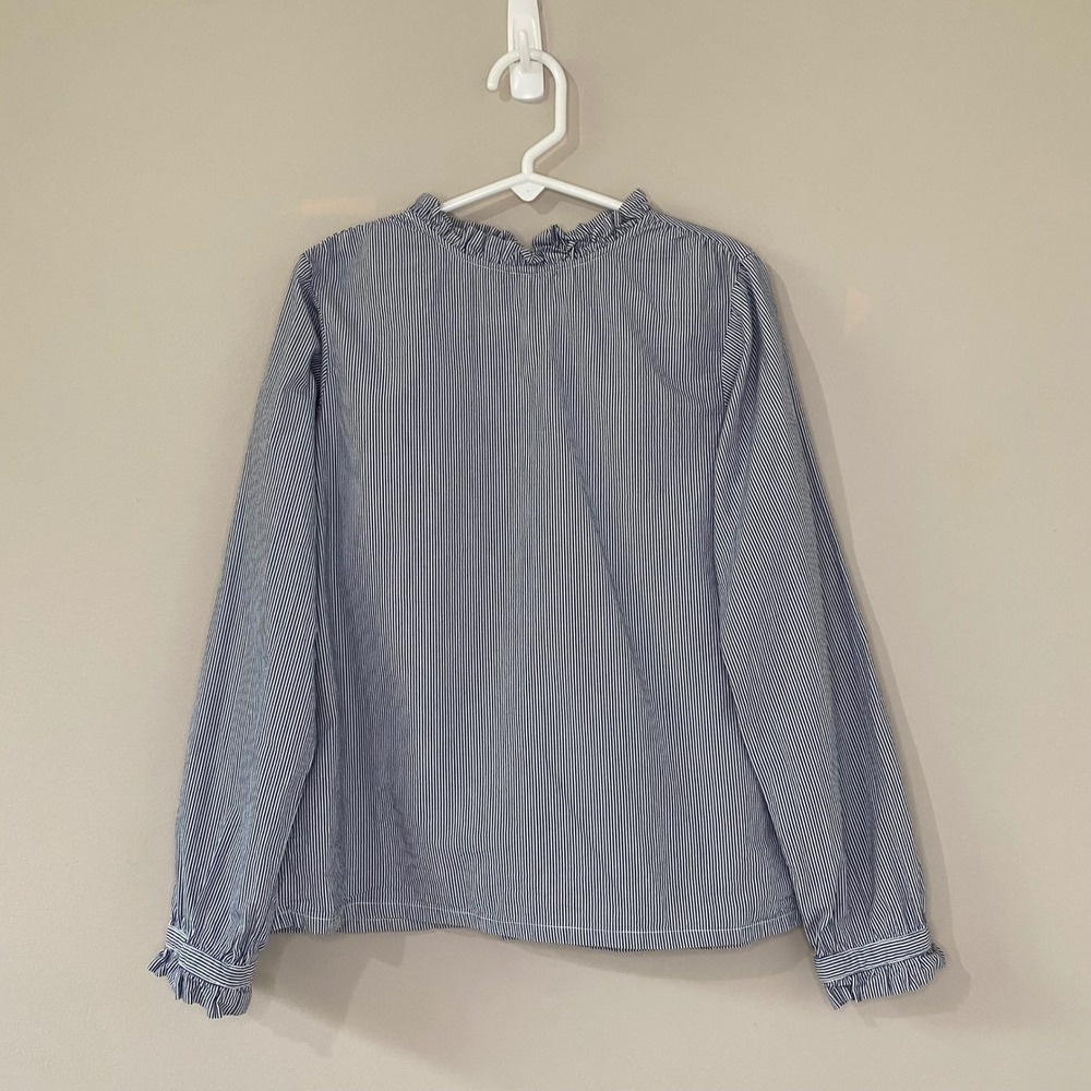 Jacadi Paris Girls Blue White Pinstripe Ruffle Neck Cotton Blouse Size 8A 128cm